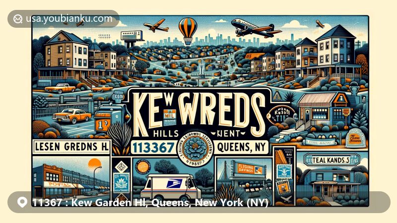 Modern illustration of Kew Gardens Hills, Queens, New York, featuring vintage air mail envelope with ZIP code 11367 and 'Kew Garden Hl, Queens, NY', surrounded by Queens County Savings Bank, duplexes, and Main Street, set against Flushing Meadows–Corona Park backdrop.