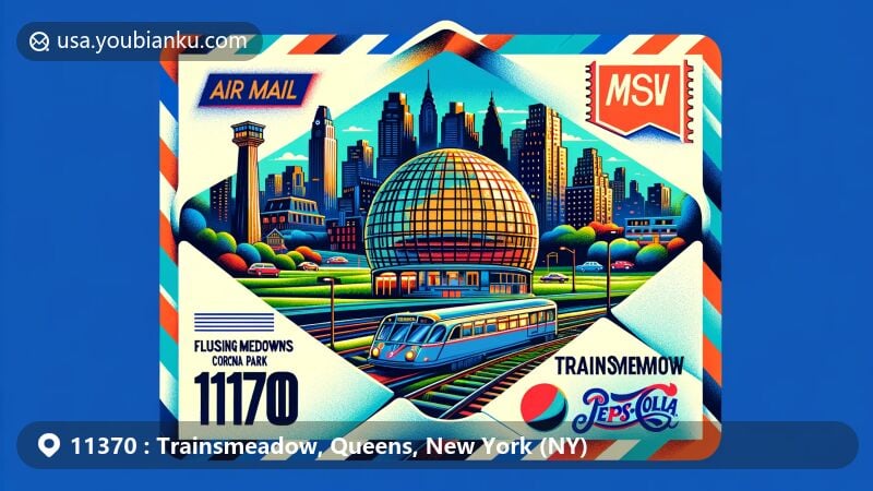 Modern illustration of Trainsmeadow area, Queens, New York, showcasing postal theme with ZIP code 11370, featuring Unisphere sculpture, Jackson Heights Historic District, and Queens waterfront Pepsi-Cola sign.