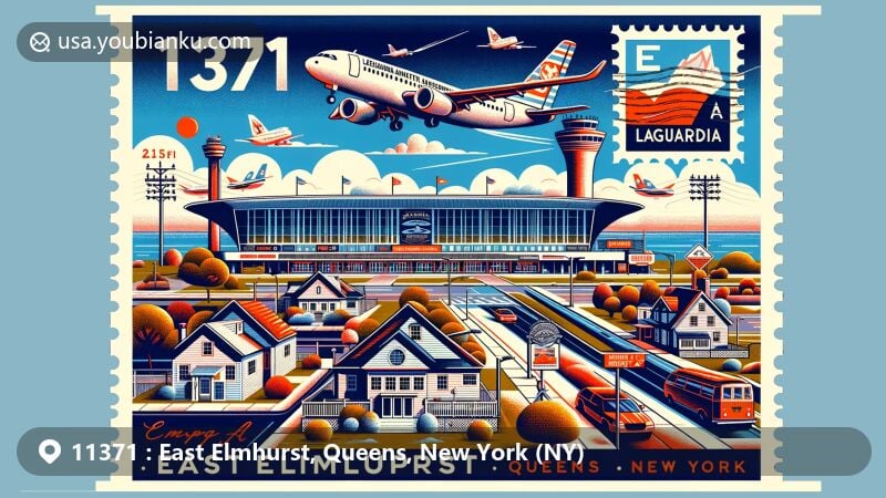 Illustration of East Elmhurst, Queens, New York, highlighting LaGuardia Airport and Marine Air Terminal, with a focus on postal theme incorporating ZIP code 11371 and elements of the local Nepali American community.