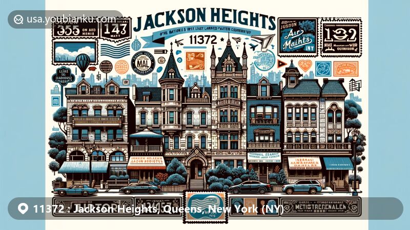 Modern illustration of Jackson Heights, Queens, New York, depicting diverse architectural styles like Tudor, Italianate, Mediterranean, and Georgian Revival, representing the area's historical cooperative and garden apartment community. Includes multicultural elements such as language signs and various food scents.
