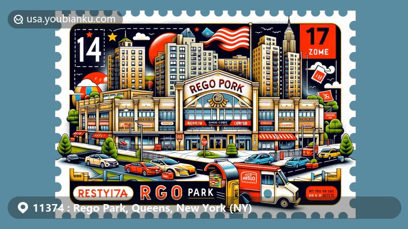Modern illustration of Rego Park, Queens, New York with ZIP code 11374, featuring Rego Center shopping mall and diverse residential architecture, incorporating postcard and stamp elements with landmarks, ZIP Code, and US postal symbols, as well as flags of New York and USA.