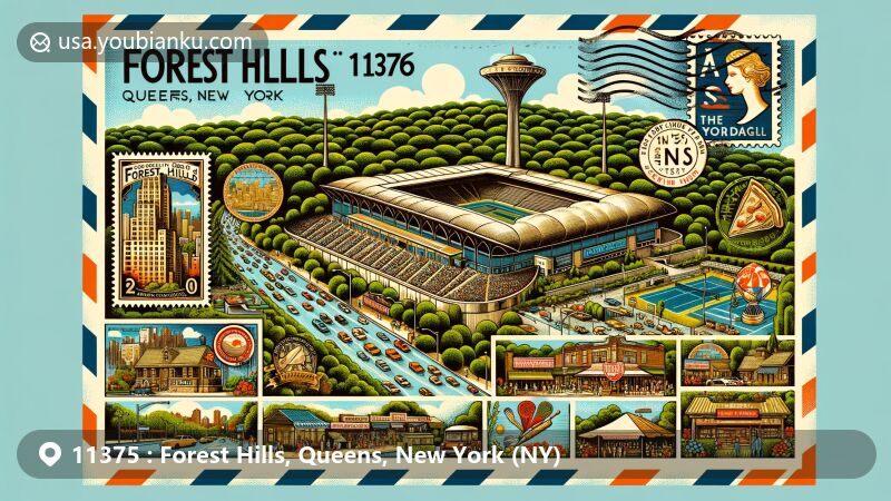 Modern illustration featuring Forest Hills, Queens, New York, showcasing iconic landmarks like Forest Hills Stadium and Austin Street, along with local favorite Martha's Country Bakery, all intertwined with postal themes.