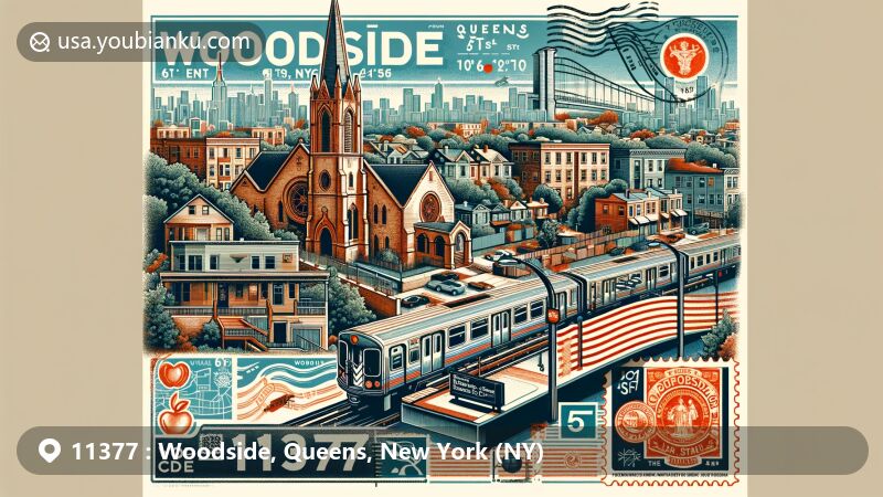 Modern illustration of Woodside, Queens, New York, highlighting postal theme with ZIP code 11377, featuring St. Sebastian Roman Catholic Church, 61st Street–Woodside subway station, and a blend of urban landscape with community green spaces.