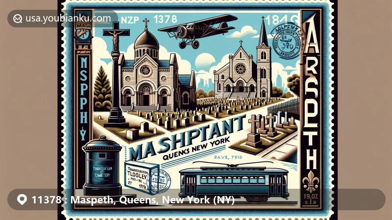 Modern illustration of Maspeth, Queens, New York, showcasing ZIP code 11378, featuring Mount Olivet Cemetery, Transfiguration Church with Lithuanian shrine, Polish-American National Hall, vintage trolley sign, all framed within an aviation-themed postal envelope.