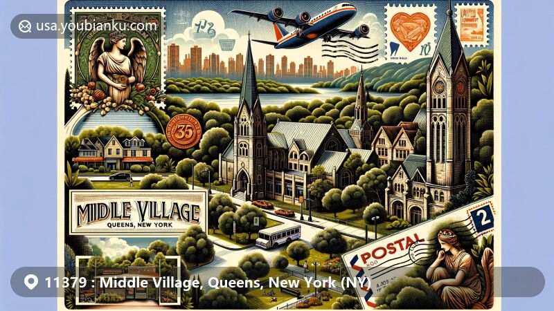 Modern illustration of Middle Village, Queens, New York, featuring postal theme with ZIP code 11379, showcasing tranquility, Juniper Valley Park, iconic landmarks like Metro Mall and Frank T. Lang Building, and cultural diversity.