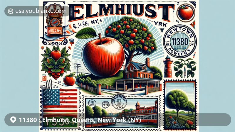 Modern illustration of Elmhurst, Queens, NY, highlighting elm trees, Newtown Pippin apple, and diverse culinary culture, blended with postal elements like vintage postcard and postage stamp.