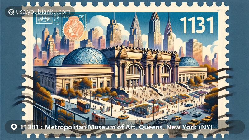 Modern illustration of the Metropolitan Museum of Art in Flushing, Queens, New York, representing ZIP code 11381, featuring diverse art collection and cultural references, integrating urban landscape with museum architecture and postal elements.