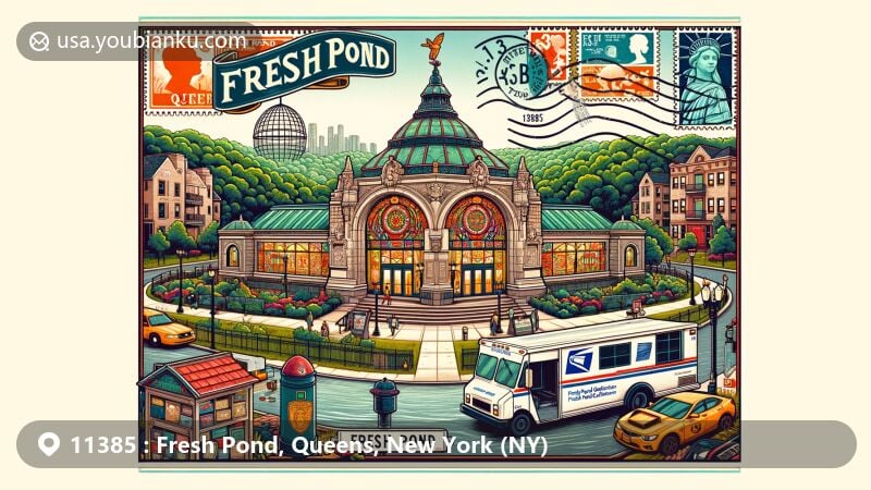 Modern illustration of Fresh Pond, Queens, NY in the 11385 ZIP code area, featuring postal theme with Fresh Pond Road, Fresh Pond Depot, Fresh Pond Columbarium, and iconic elements of Queens, like the Unisphere sculpture.