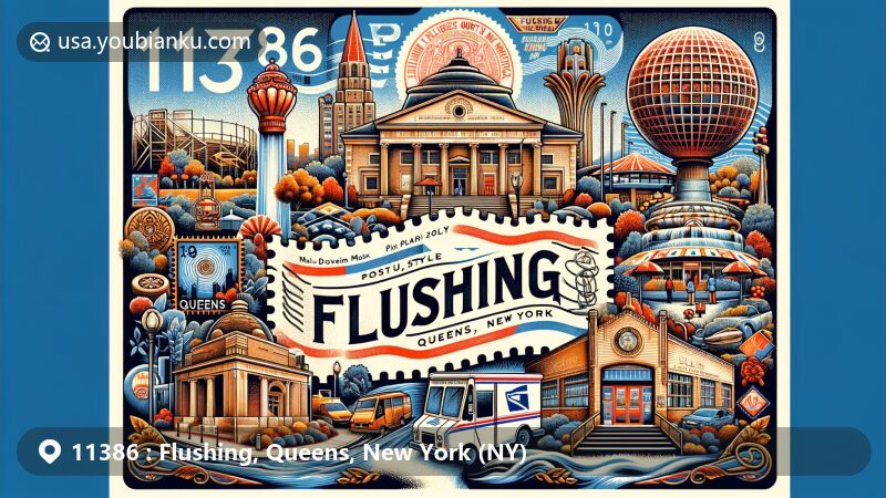 Vibrant illustration of Flushing, Queens, New York, showcasing postal theme with ZIP code 11386, featuring iconic landmarks like Unisphere, Queens Museum, and Citi Field, reflecting the neighborhood's multicultural spirit and vitality.