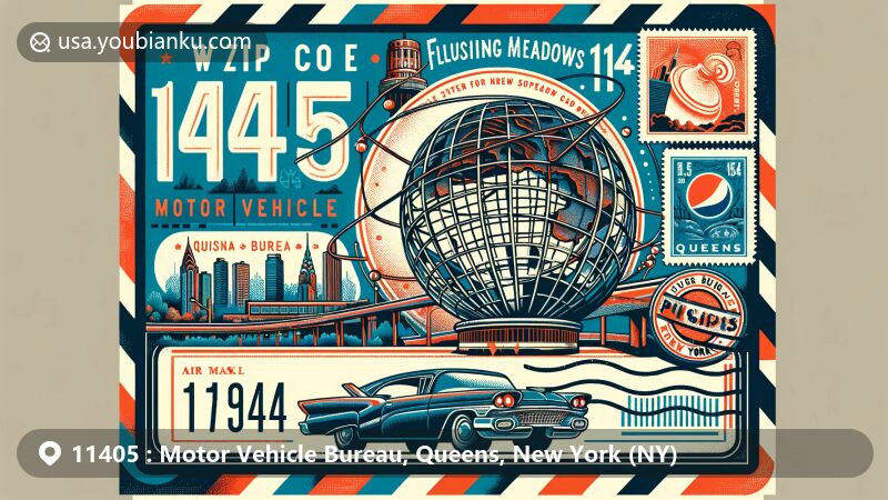 Modern illustration of Queens, New York, showcasing iconic landmarks like the Flushing Meadows Corona Park's Unisphere and the Pepsi Cola sign, with postal elements including vintage air mail envelope and stamps featuring ZIP code '11405'