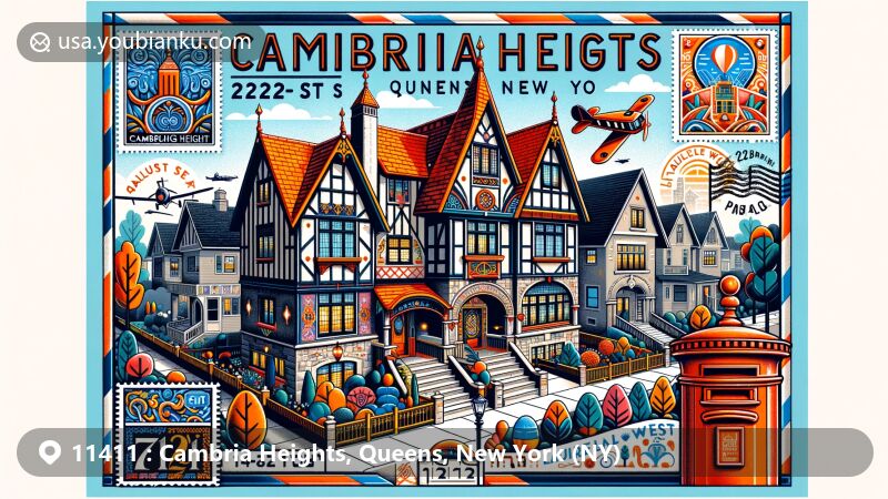 Modern illustration of Cambria Heights, Queens, New York, showcasing unique architectural features in Storybook and Tudor styles, including bright tile roofs and imaginative chimney decorations, highlighting community's distinct character and postal theme.