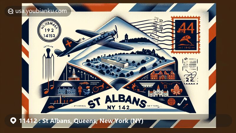 Modern illustration of Addisleigh Park neighborhood and historical naval hospital in St Albans, Queens, New York, featuring postal elements like stamps, postmarks, and ZIP Code 11412, symbolizing the area's rich music and sports history.
