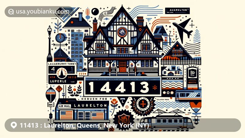 Modern illustration of Laurelton, Queens, New York, blending postal theme with ZIP code 11413, featuring Tudor-style architecture, Laurelton LIRR station, and symbolic laurel branches.