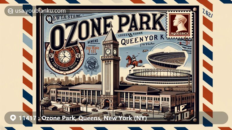 Modern illustration of Ozone Park, Queens, New York, with iconic clock tower of Lalance & Grosjean factory and Aqueduct Racetrack, featuring New York state flag elements, Queens County outline, and vintage airmail theme with ZIP code 11417.