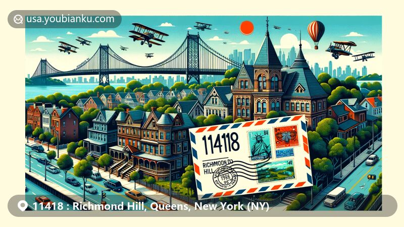 Modern illustration of Richmond Hill, Queens, New York, featuring ZIP code 11418, showcasing Victorian-style homes, Lefferts Boulevard Bridge, and Forest Park, with a vintage air mail envelope in the foreground.