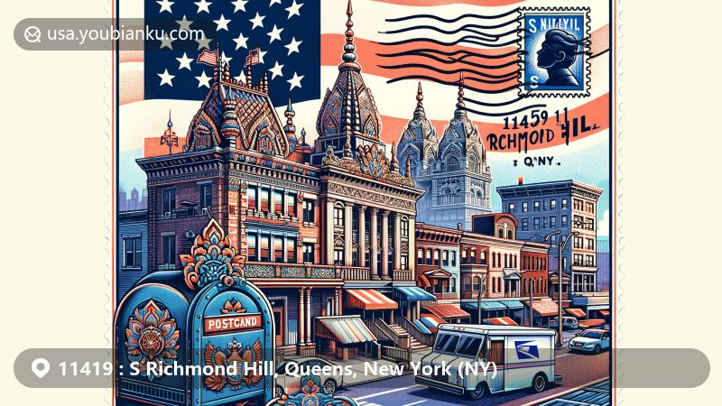 Modern illustration of S Richmond Hill, Queens, New York (NY), featuring Hindu Temple Society of North America and Richmond Hill Historic District, adorned with New York state flag design, showcasing 11419 ZIP Code and local symbols.