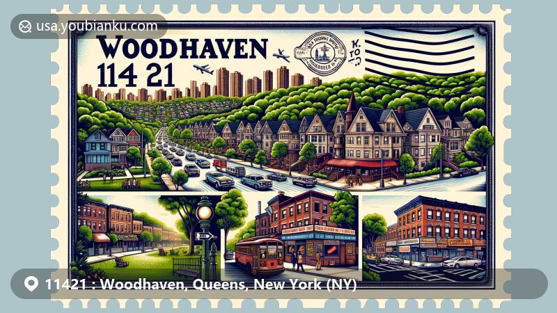 Modern illustration of Woodhaven, Queens, New York, showcasing Forest Park, Neir's Tavern, diverse residential architecture, bustling Jamaica Avenue, and postal service elements with ZIP code 11421.