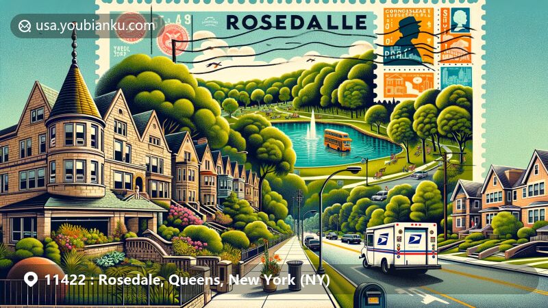 Modern illustration of Rosedale neighborhood, Queens, New York, featuring residential charm, green spaces like Brookville Park and Conselyea's Pond, honoring local history and diversity, and postal theme with ZIP code 11422 elements.