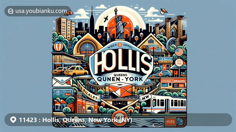 Modern illustration of Hollis, Queens, New York, capturing the vibrant and diverse community essence, featuring a creative postal theme with iconic local symbols like Liberty Triangle Park and Hollis public libraries.