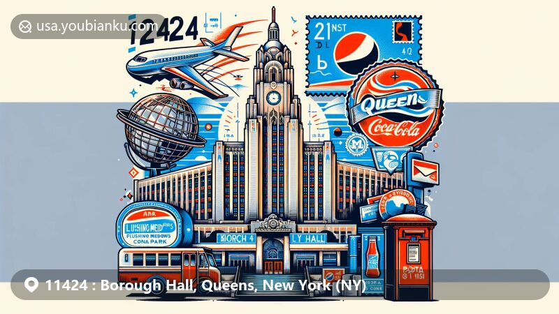 Modern illustration of Queens Borough Hall area in Queens, New York, featuring iconic landmarks like Queens Borough Hall, Pepsi-Cola sign, and Flushing Meadows Corona Park's Unisphere, along with postal elements like vintage air mail envelope, stamps, and red post box.