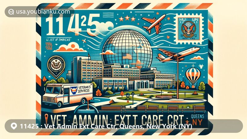 Modern illustration of Vet Admin Ext Care Ctr in Queens, New York, featuring New York State Department of Veterans' Services building and iconic symbols of Queens, like the Unisphere from Flushing Meadows-Corona Park, with vintage airmail envelope and prominent ZIP code 11425.