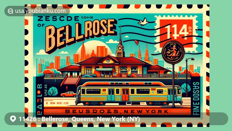 Modern illustration of Bellerose, Queens, New York, showcasing postal theme with ZIP code 11426, featuring Bellerose Station and New York City skyline elements.