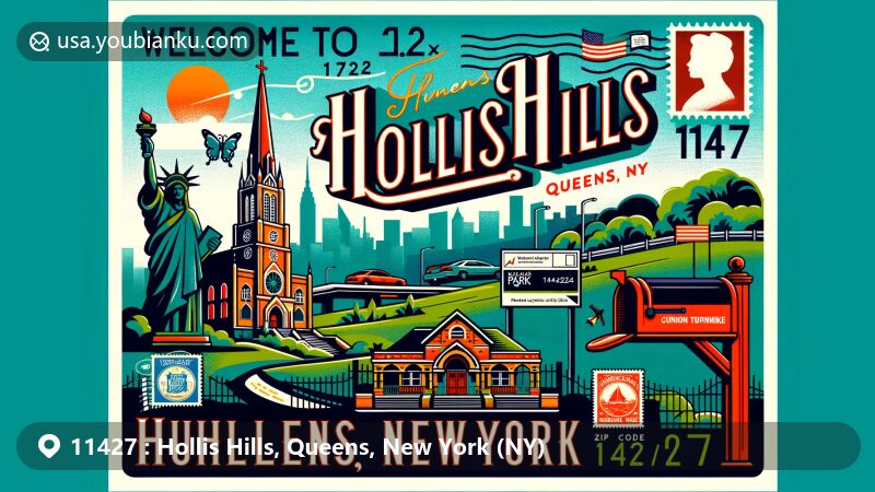 Modern illustration of Hollis Hills, Queens, New York, showcasing postal theme with ZIP code 11427, featuring American Martyrs Roman Catholic Church, Cunningham Park, Union Turnpike, traditional American mailbox, stamps, postmark, and 'Welcome to Hollis Hills, Queens, NY' greeting.