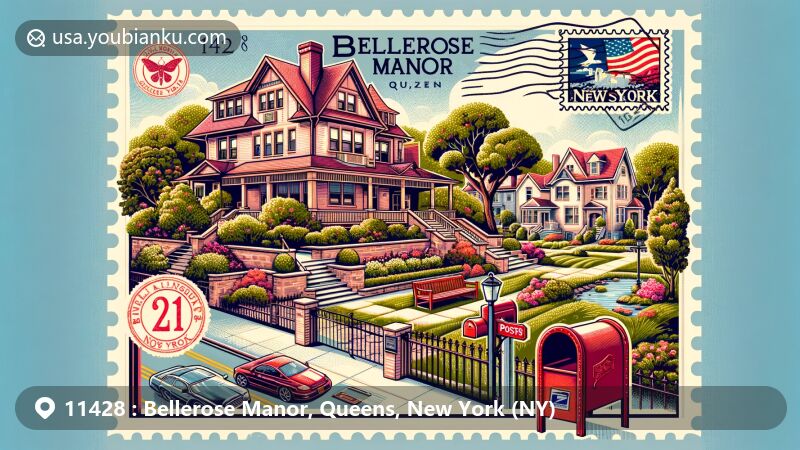 Modern illustration of Bellerose Manor, Queens, New York, showcasing Alley Pond Park, residential charm, and postal elements with ZIP code 11428, including New York State flag postage stamp, postmark, and red mailbox.