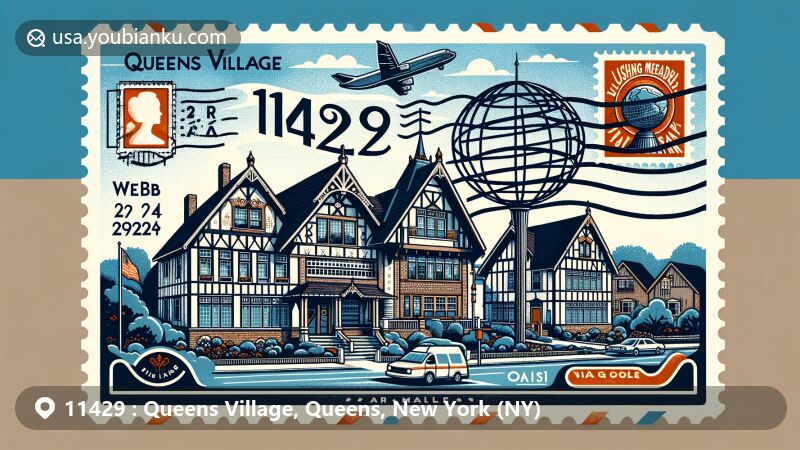 Modern illustration of Queens Village, Queens, New York, NY, highlighting postal theme with ZIP code 11429, featuring iconic Unisphere and air mail postcard.
