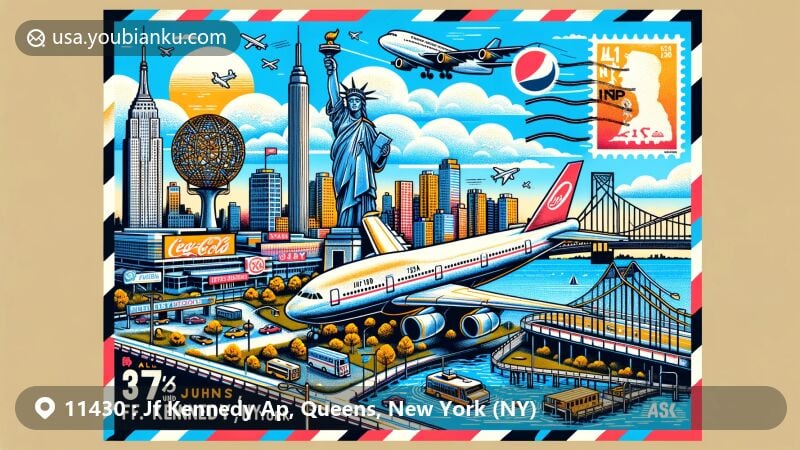 Modern illustration of John F. Kennedy International Airport in Queens, New York, with iconic landmarks like Unisphere, Pepsi-Cola sign, and Ed Koch Bridge, all within a creative air mail envelope highlighting postal theme.