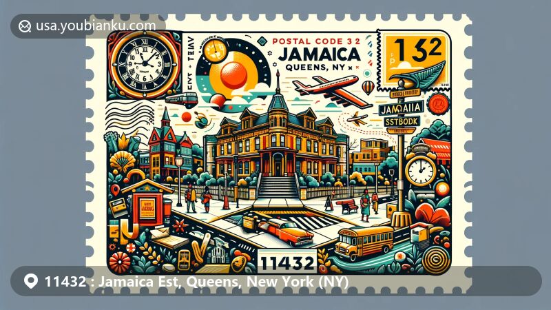 Modern illustration of Jamaica, Queens, New York, capturing the essence of urban life and rich history, featuring landmarks like King Manor Museum, Jamaica Performing Arts Center, Sidewalk Clock, and Jamaica Bay Wildlife Refuge, creatively blended with postal themes showcasing ZIP code 11432.