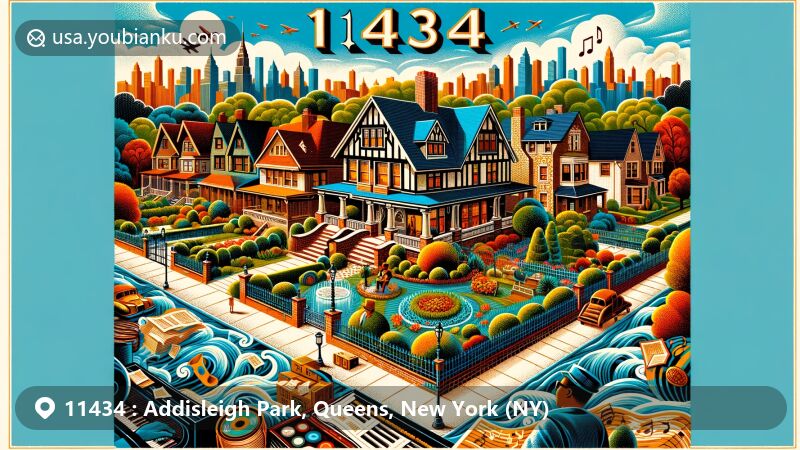 Modern illustration of Addisleigh Park, Queens, New York, emphasizing historical and cultural richness with Tudor and Colonial Revival style homes, lush lawns, and tributes to iconic figures like Ella Fitzgerald and Jackie Robinson.