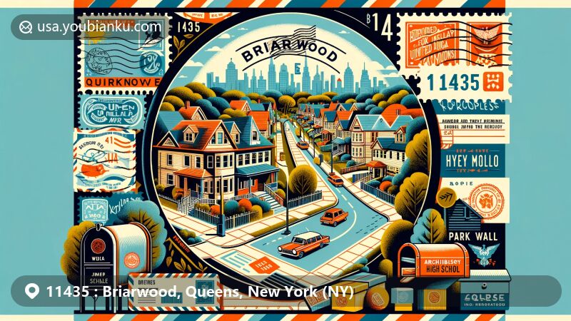Modern illustration of Briarwood, Queens, New York, featuring postal theme with ZIP code 11435, Parkway Village outline, Archbishop Molloy High School symbols, and neighborhood boundaries.