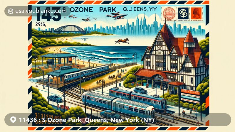 Modern illustration of S Ozone Park, Queens, New York, highlighting postal theme with ZIP code 11436, featuring Ozone Park Station, Aqueduct Racetrack, and Resorts World Casino. Includes natural beauty near Rockaway Beach and Joseph P. Addabbo Memorial Park.