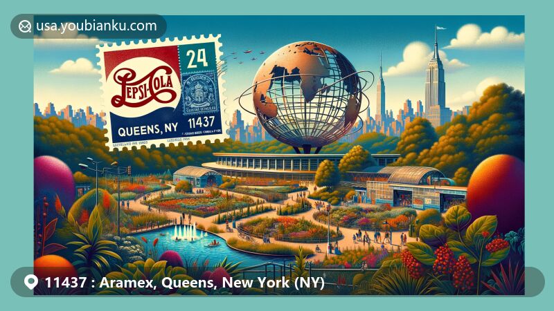 Modern illustration of Queens Botanical Garden and iconic Pepsi-Cola sign in ZIP Code 11437 Aramex, Queens, NY, featuring vintage air mail envelope with Unisphere stamp from Flushing Meadows Corona Park.