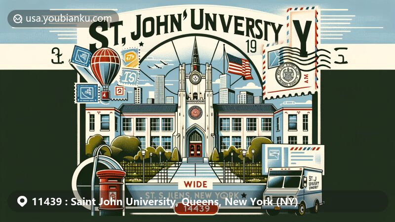 Modern illustration of St. John's University entrance in Queens, New York, showcasing ZIP code 11439, blending suburban tranquility with urban excitement, featuring state flag and postal elements.