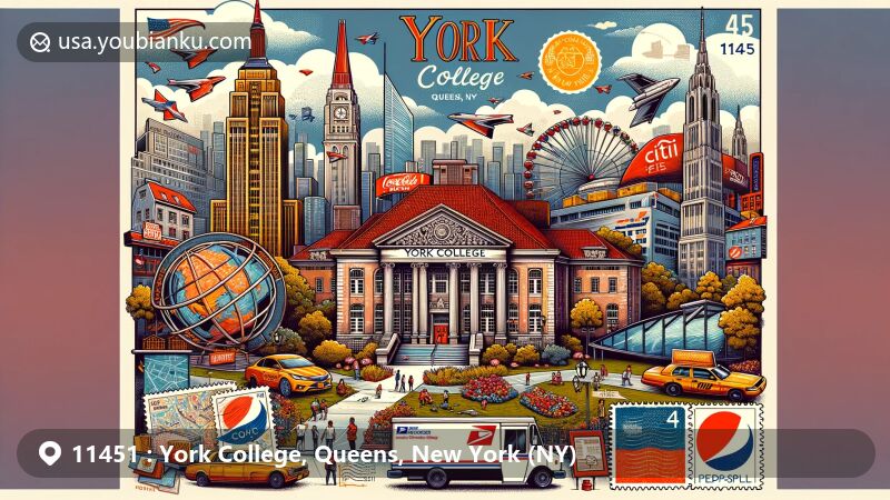 Modern illustration of York College in Queens, New York, featuring iconic landmarks like the Pepsi-Cola sign, Citi Field, and Flushing Meadows Corona Park, creatively incorporating postal theme with ZIP code 11451 and showcasing diverse community and city life.