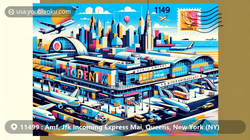 Modern illustration of JFK International Airport, Queens, NY for postal code 11499, featuring iconic terminals, airplanes, and bustling environment, with postal elements like air mail envelope and postage stamps.