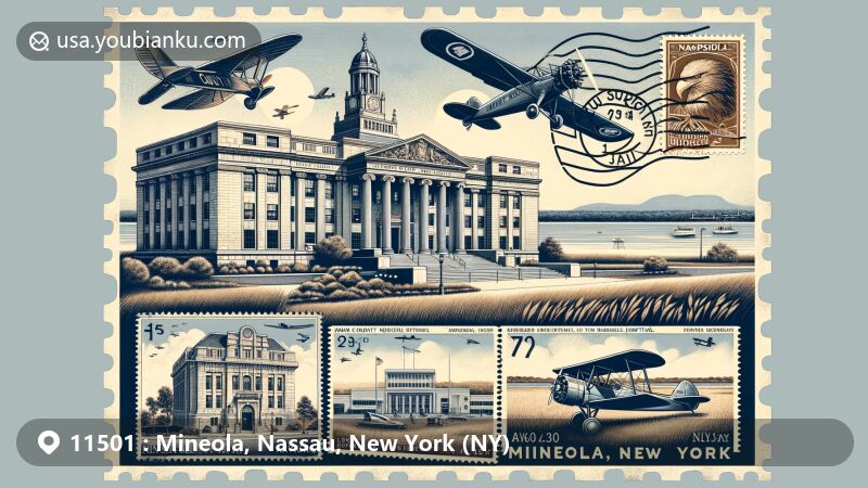 Modern illustration of Mineola, Nassau County, New York (NY), showcasing postal theme with ZIP code 11501, featuring Nassau County Courthouse, Mineola Post Office in Colonial Revival style, aviation history connection, and NYU Langone Hospital - Long Island.
