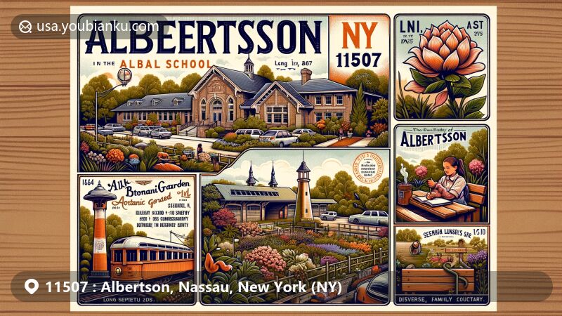 Modern illustration of Albertson, Nassau County, New York, capturing postal theme with ZIP code 11507, highlighting Clark Botanic Garden and Albertson LIRR station in vintage postcard layout.