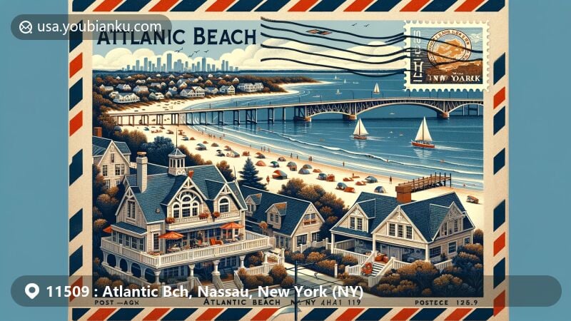 Modern illustration of Atlantic Beach, NY, showcasing coastal beauty and postal theme with Lawrence Beach Club, Atlantic Beach Bridge, and historic postal elements.