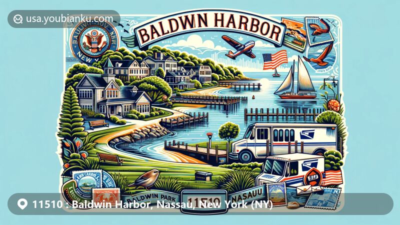 Dynamic depiction of Baldwin Harbor, Nassau County, NY, showcasing postal theme and scenic Baldwin Park, embracing diverse recreational activities and waterfront views.