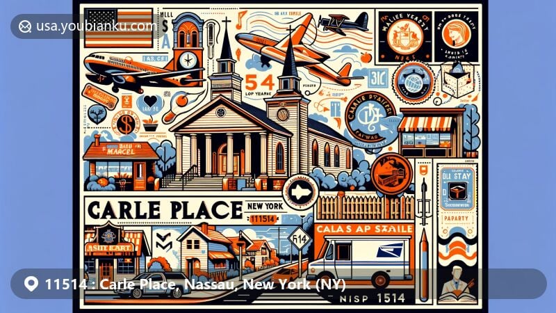 Vibrant illustration of Carle Place, Nassau County, New York, with ZIP code 11514, showcasing St. Mary's Chapel, local culinary scenes, and postal elements in a modern style.