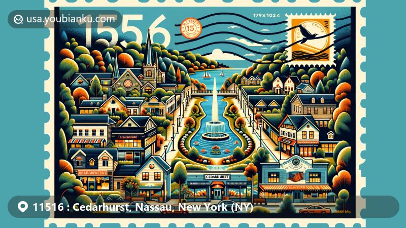 Modern illustration of Cedarhurst, Nassau, New York, featuring postal theme with ZIP code 11516, showcasing iconic symbols like parks, vibrant shopping scene, Cedar trees, and postal elements.
