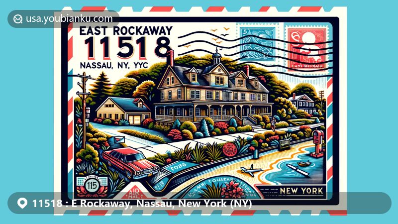 Modern illustration of East Rockaway, Nassau, New York, featuring a postal theme with ZIP code 11518, showcasing Denton Homestead and Colonial architecture.