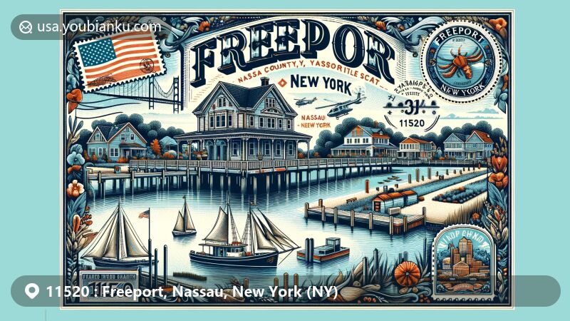 Modern illustration of Freeport, New York, showcasing historic Woodcleft Canal, Freeport Spite House, parks, beaches, and friendly community atmosphere, with symbolic representations of Nassau County and New York state.