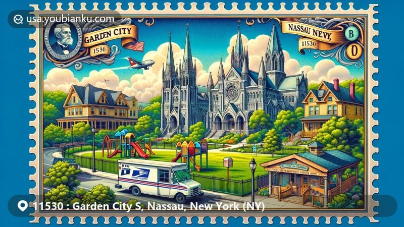 Modern illustration of Garden City South, Nassau County, New York, showcasing Cathedral of the Incarnation, A.T. Stewart Era Buildings, Nassau Haven Park, postal elements with ZIP code 11530, and New York state flag.