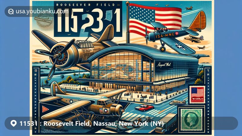 Modern illustration of Roosevelt Field in Nassau, New York, capturing Cradle of Aviation Museum's aviation legacy with historical aircraft like Curtiss JN-4 