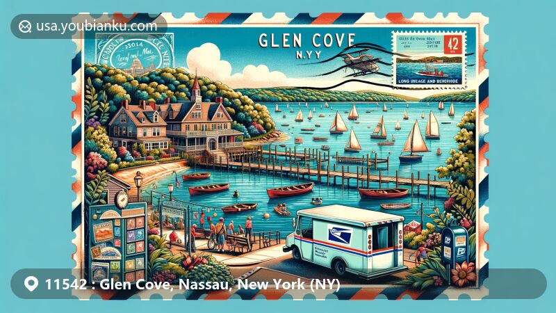 Modern illustration of Glen Cove, Nassau, New York (NY), capturing the charm of the area with vibrant colors and postal theme, showcasing beautiful waterfront, boats, community events, and postal elements like airmail envelope, stamps, postal truck, and mailbox with ZIP code 11542.