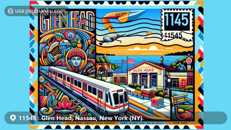 Modern illustration of Glen Head, Nassau County, New York, accentuating postal theme with ZIP code 11545, featuring Glen Head Station and Nassau County geography.